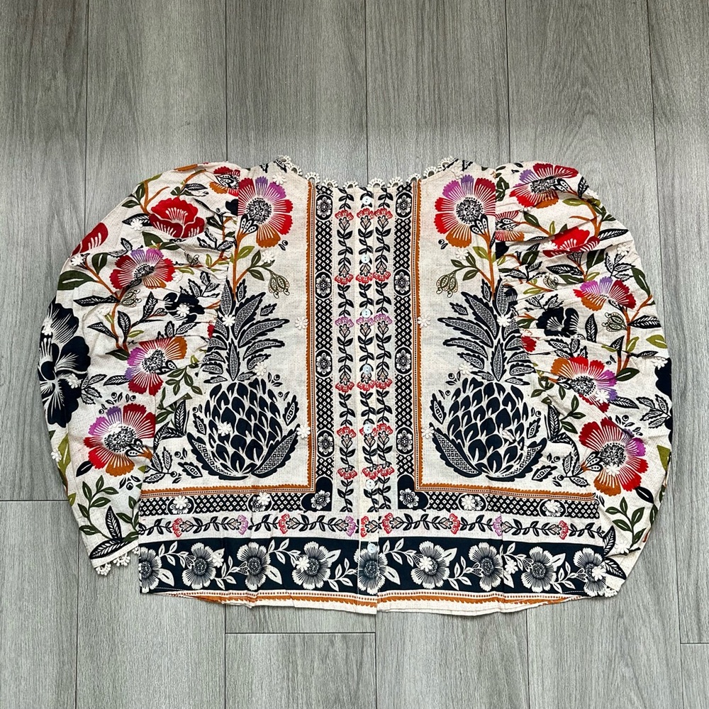 FARM Rio Cream romantic garden blouse with Red, Orange, Green & Black Floral Pri - Picture 11 of 14